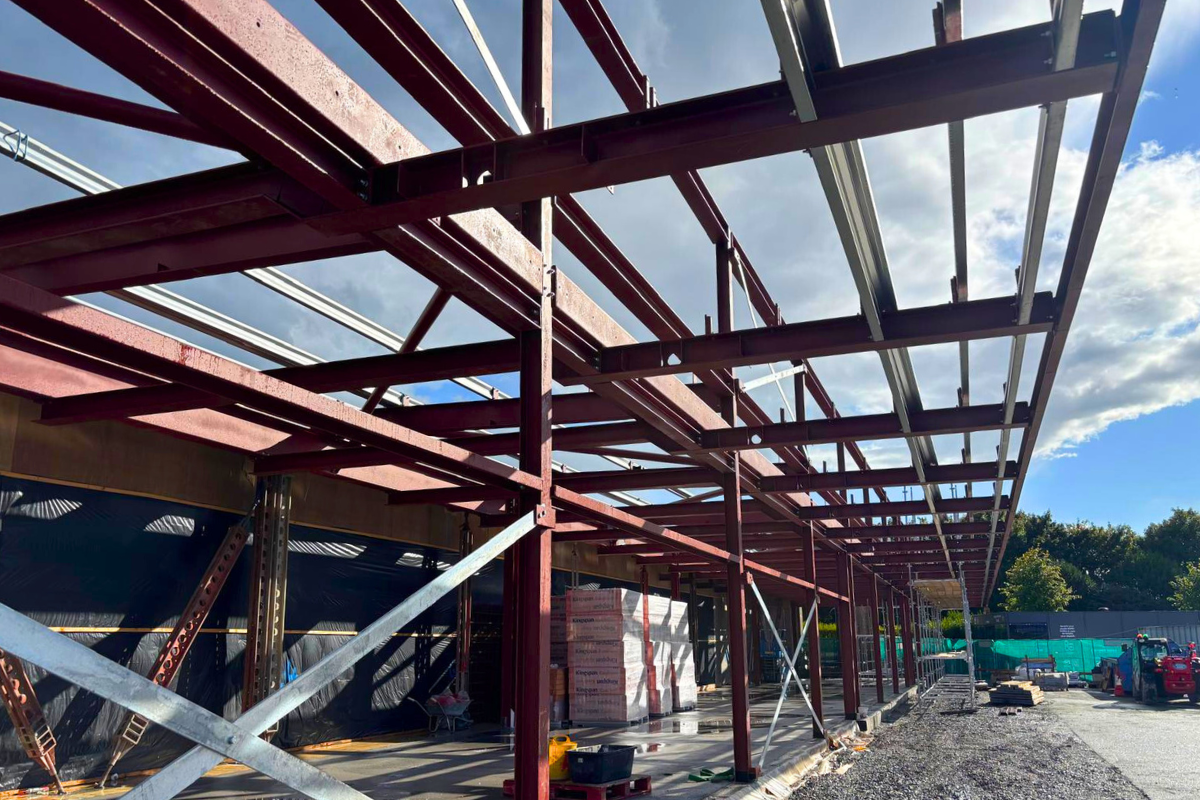 A photo of the structural steel from McMenamin Engineering supplied for the extension on the Aldi Naas store.