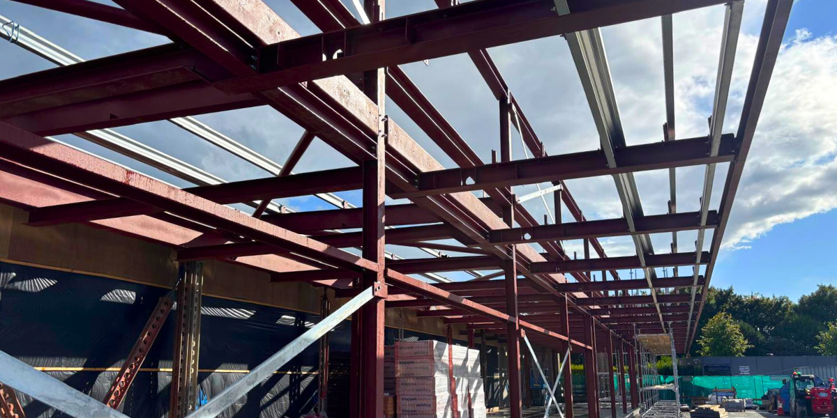A photo of the structural steel from McMenamin Engineering supplied for the extension on the Aldi Naas store.